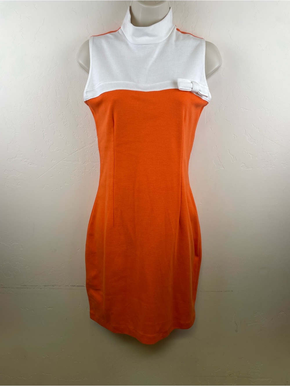 Style Works  Retro Sleeveless Orange and White Mock Neck Mini Dress